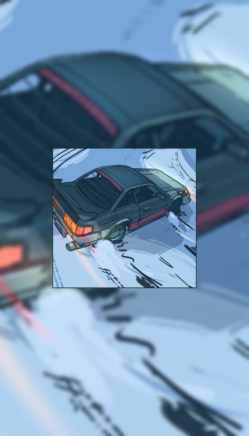 Dark sports car with red accents drifts on a snowy road, kicking up white powder against a wintry background.