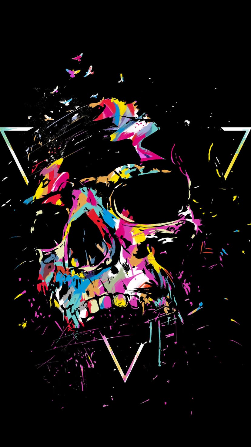 Colorful geometric skull with flying birds and white triangles centered against a solid black background.