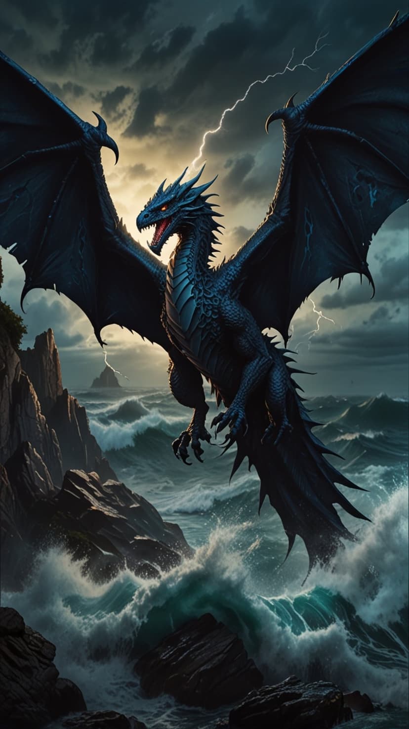 Black dragon with glowing red eyes hovers over crashing waves as lightning strikes across a dark stormy sky.
