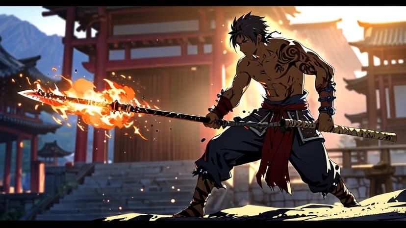 Shirtless warrior with tattoos grips a blazing spear before ancient pagodas and misty mountains in the distance.