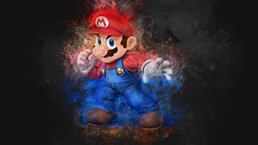 Mario in a battle pose with clenched fists surrounded by red and blue energy splatters on a dark background.