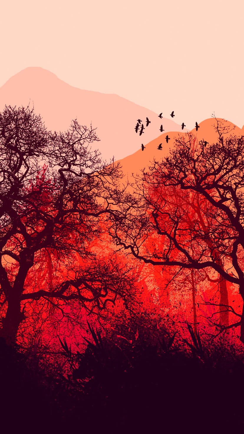 Bare tree silhouettes and flying birds stand out against a vibrant crimson and purple gradient sunset sky.