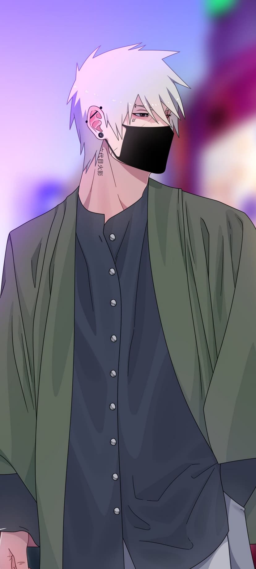 Kakashi Hatake with white spiky hair, a black face mask, olive jacket, and neck tattoo against a purple background.