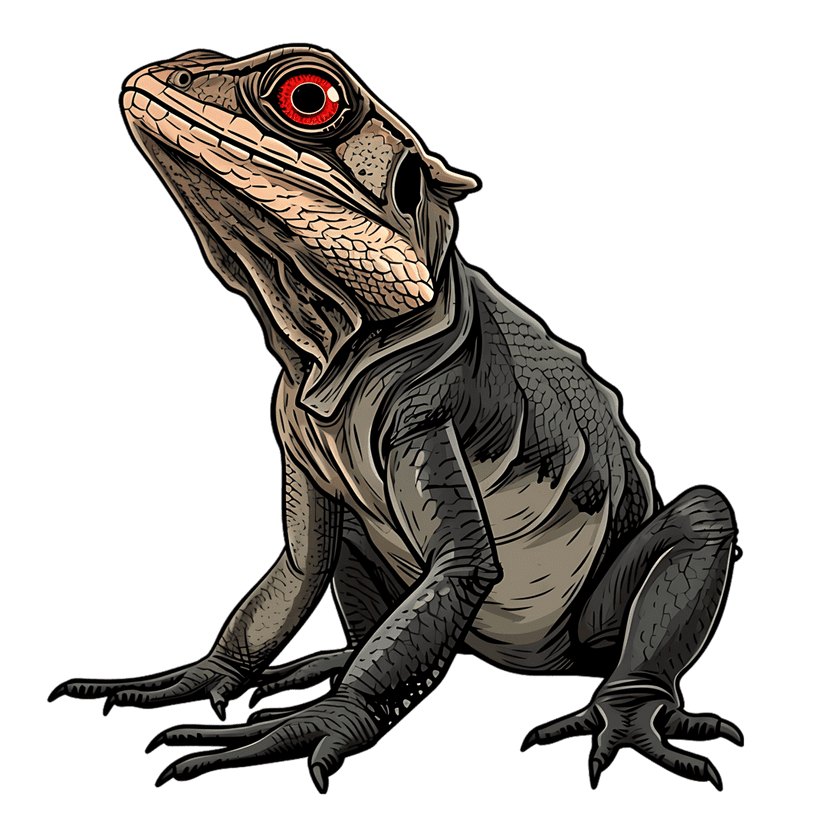Lizard with red eyes digital illustration showing detailed scaly skin texture and sharp facial features profile.