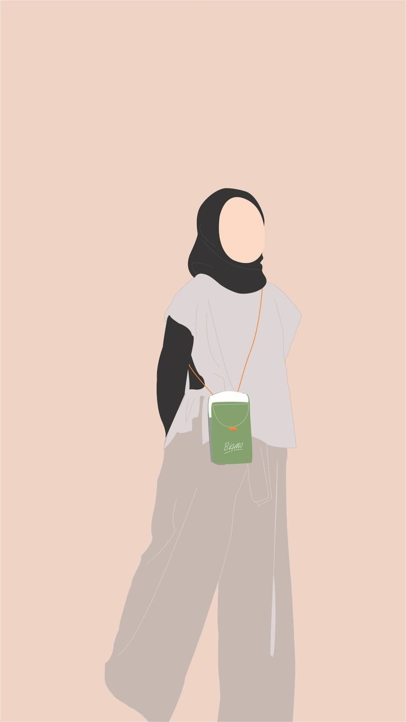 Muslim woman wearing a black hijab and grey outfit with a green crossbody bag against a peach background.