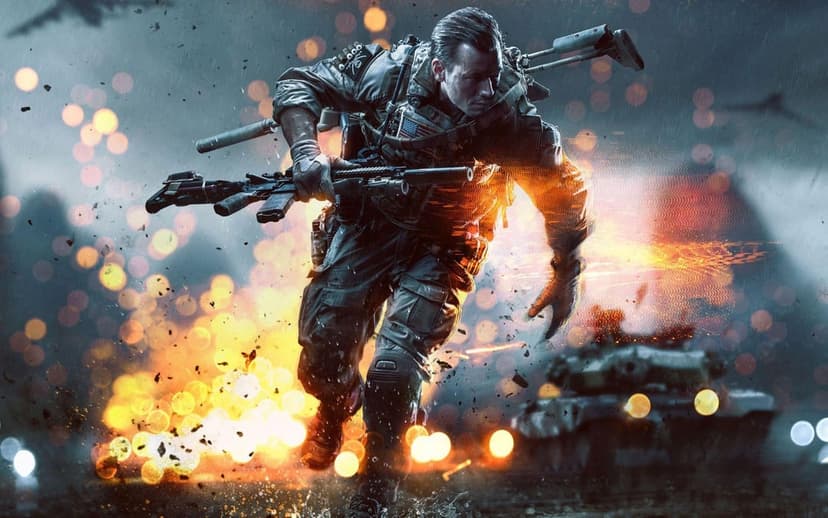 Soldier in tactical gear running through a rainy battlefield with orange explosions and a tank behind him.