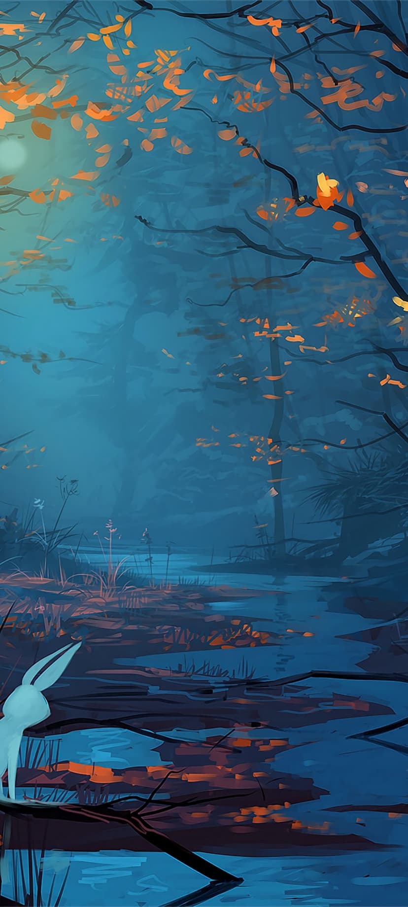 White rabbit sits on a tree branch above a glowing stream in a dark forest with falling orange autumn leaves.