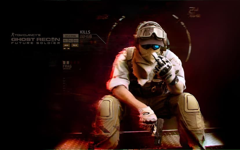 Military operator in full tactical gear sits holding a pistol with red digital HUD overlays and dark shadows.