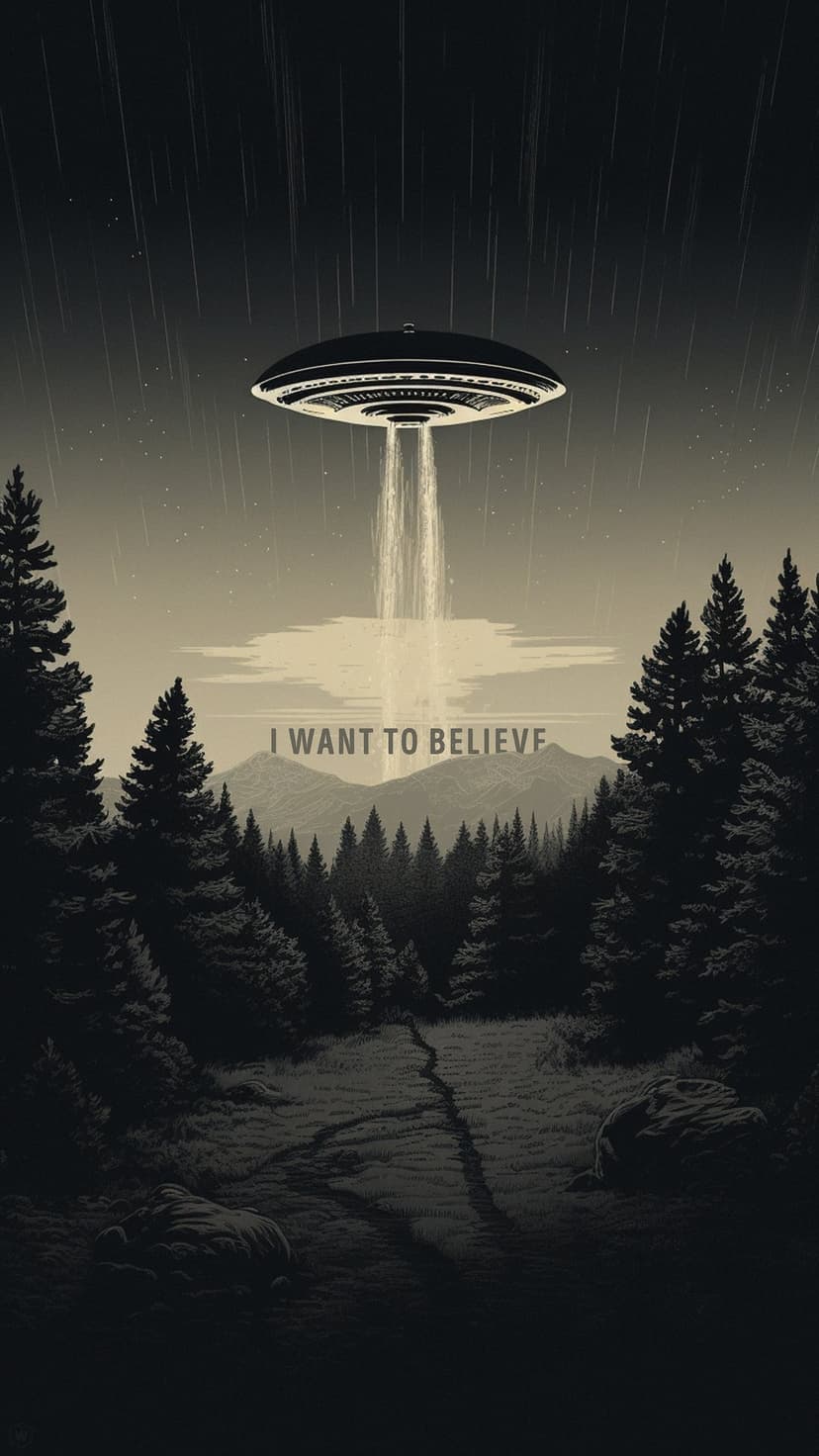 Flying saucer hovering over a dark forest emitting a light beam with mountains and text in the misty background.