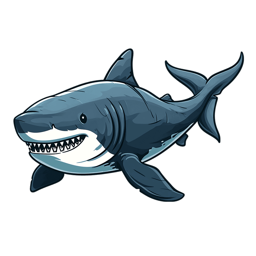 Great white shark illustration featuring sharp white teeth and blue fins against a solid black background.