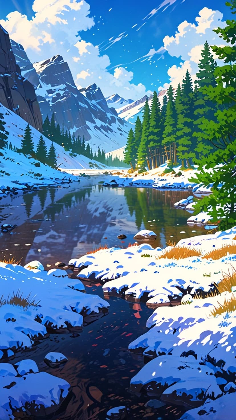 Snowy mountain peaks rise above a reflective river and evergreen forest under a bright blue sky with clouds.