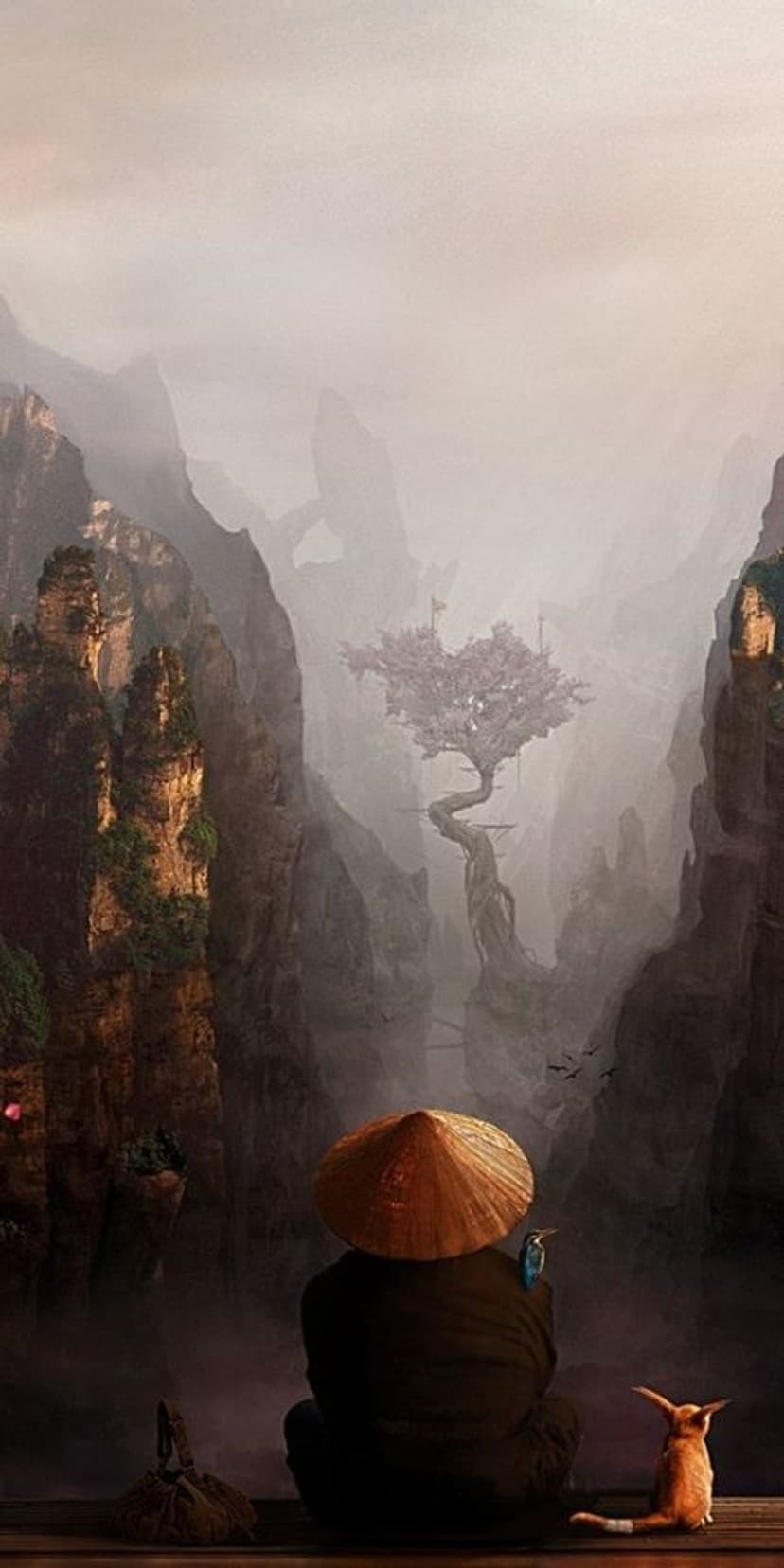 Traveler in a conical hat and an orange fox sit on a cliff overlooking misty mountains and pink blossoms.