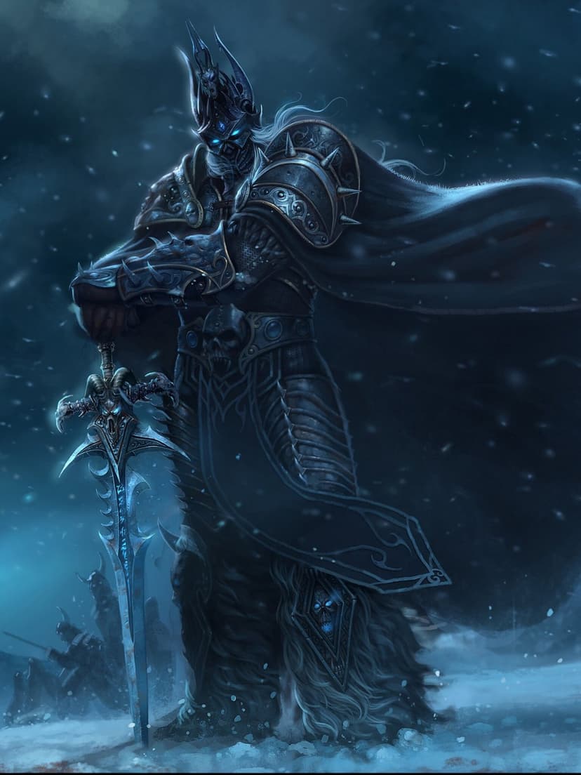Armored knight with glowing blue eyes and a runic sword standing in a snowy blizzard under a dark sky.