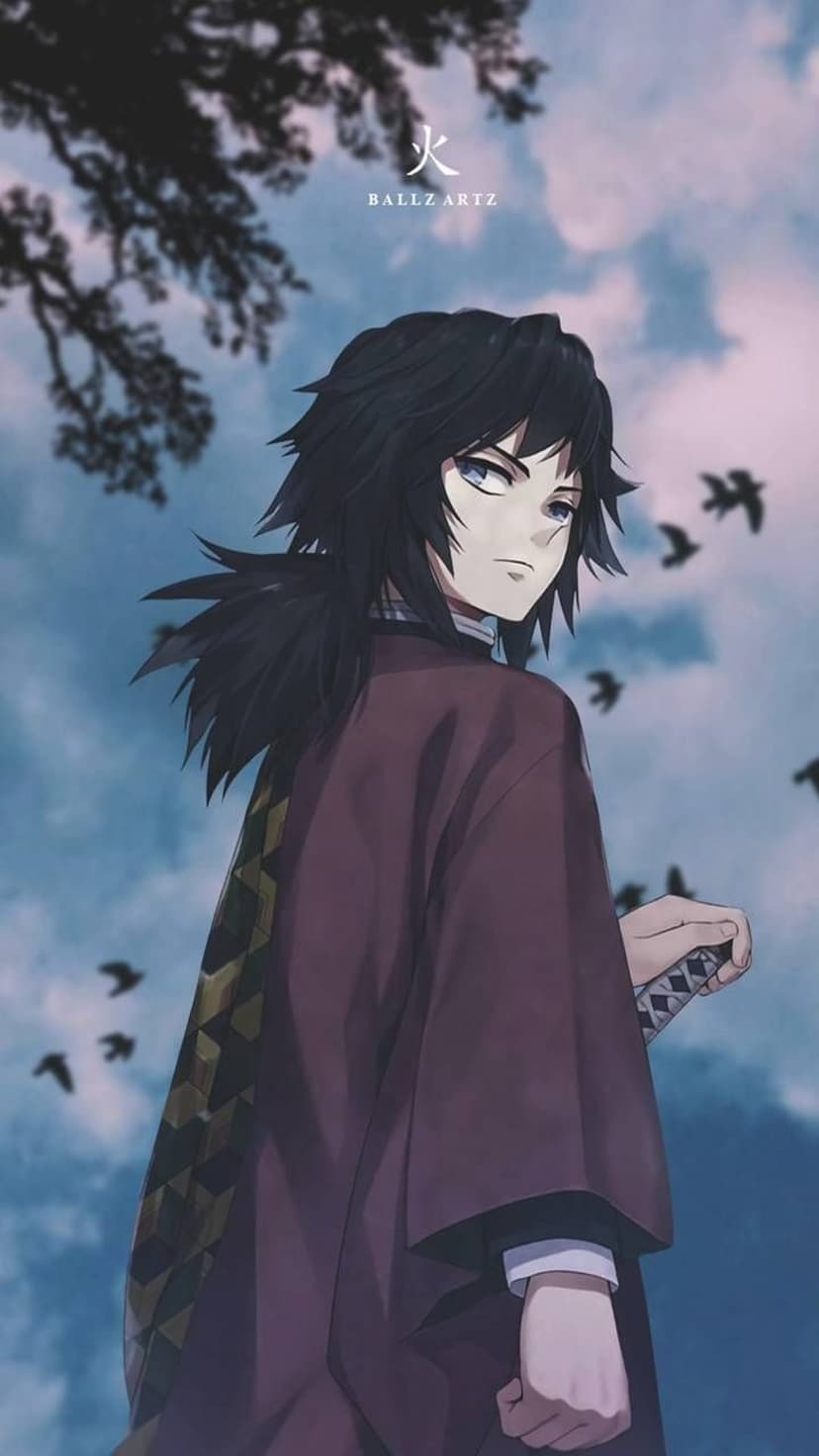 Giyu Tomioka stands in a patterned haori with a stoic face against a cloudy sky featuring soaring birds.