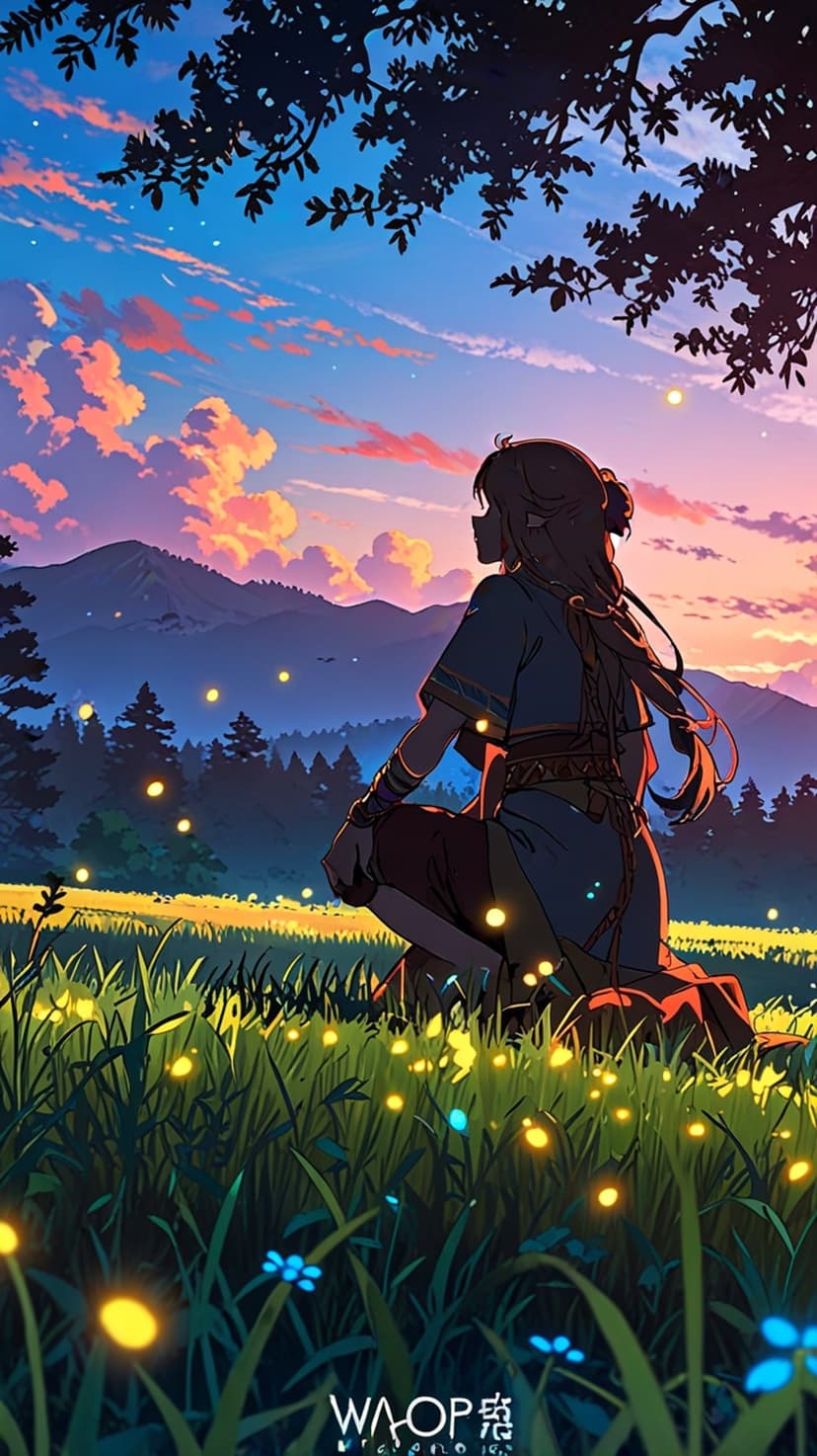 A young woman in traditional robes kneels in a meadow of fireflies with peaks under a vibrant sunset sky.