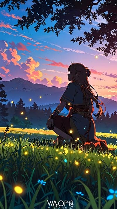 Ethereal Sunset Meadow Fireflies Anime Girl Phone Wallpaper