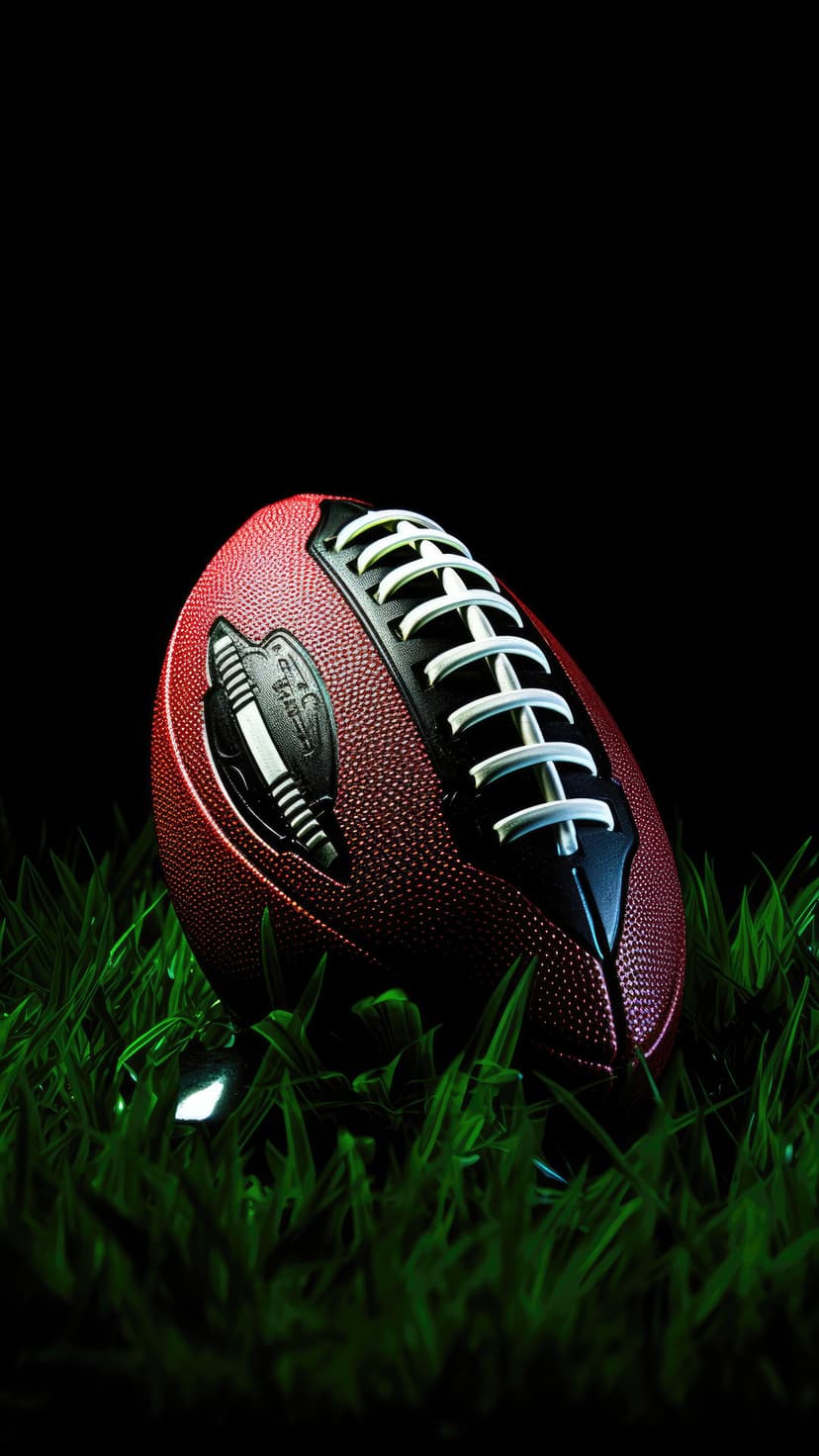 Dark red football with white laces rests on green grass against a black background in a low-angle close-up.