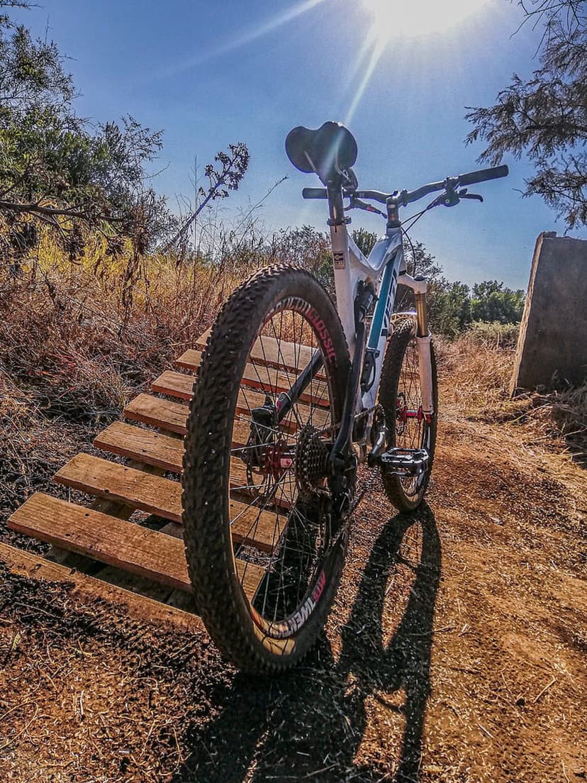 White mountain bike on a wooden ramp with knobby tires against a clear blue sky and sunlit dirt trail background.