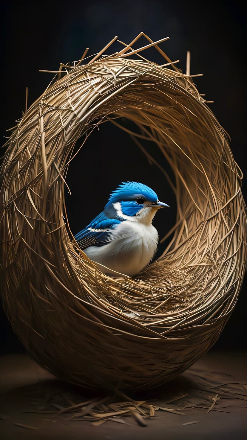 Small blue and white bird sits inside a woven straw nest against a dark background in a close-up nature shot.
