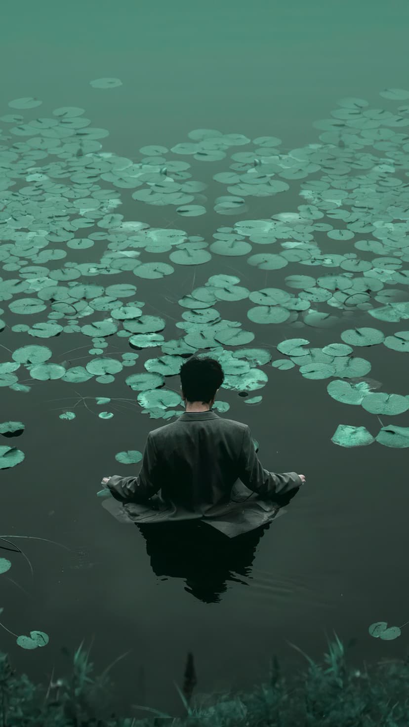 Person seated in dark pond water surrounded by dense teal lily pads, viewed from behind in a jacket.