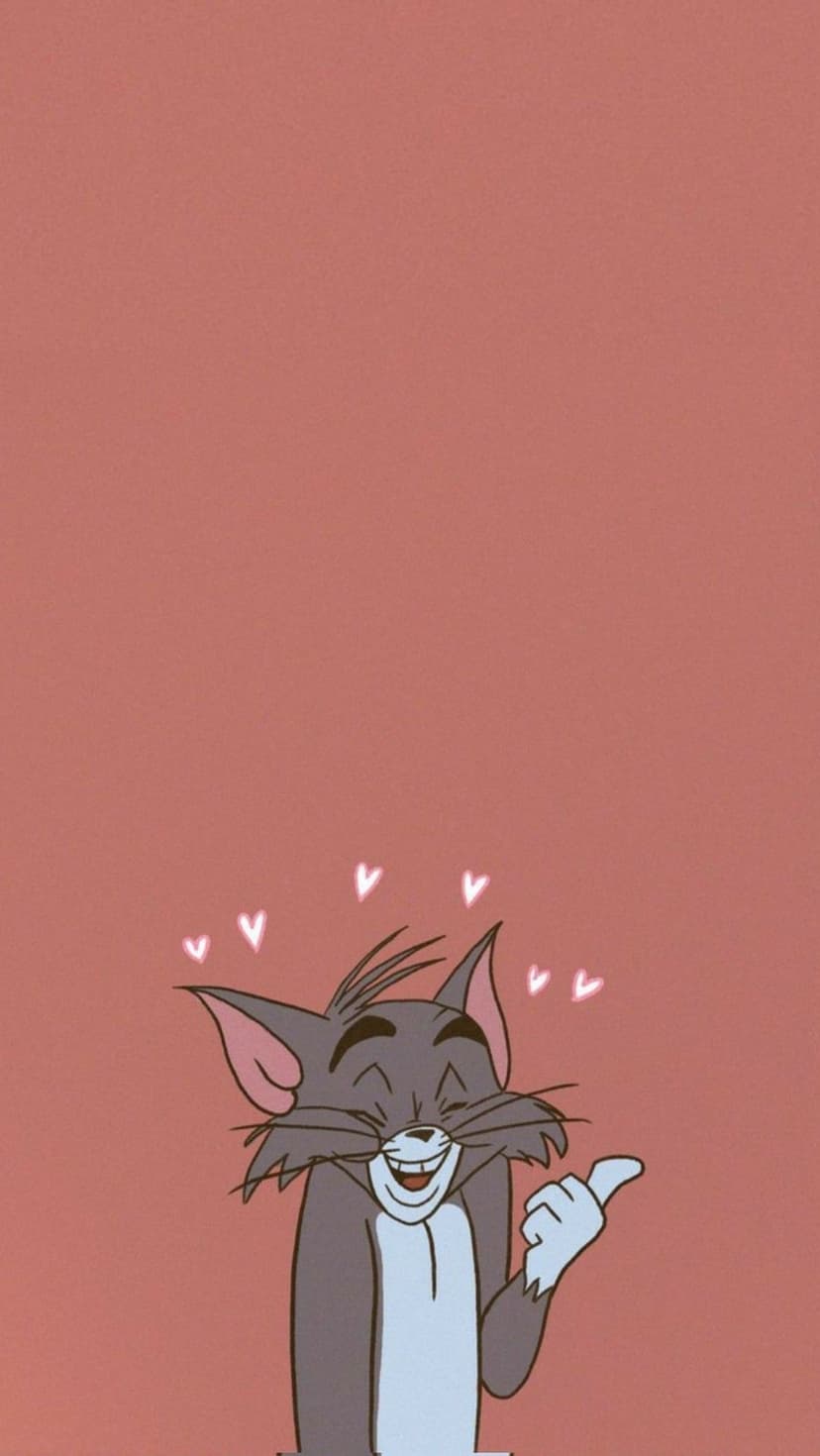 Tom the cat laughing with a thumbs up gesture, surrounded by floating heart outlines on a peach background.