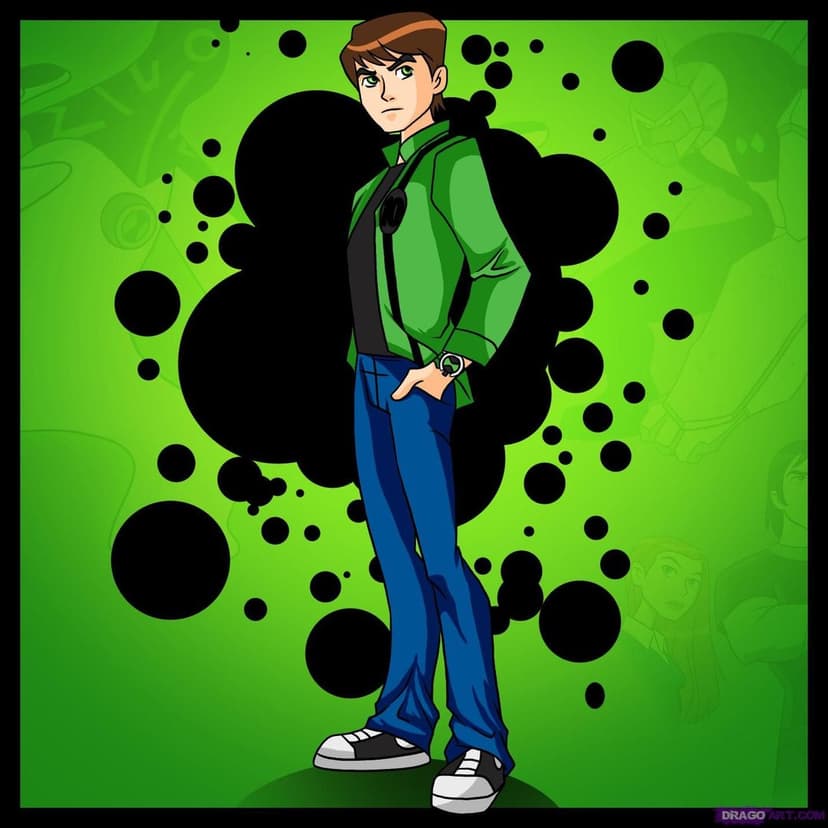 Ben Tennyson in a green jacket and black shirt stands with the Omnitrix against a green splattered background.
