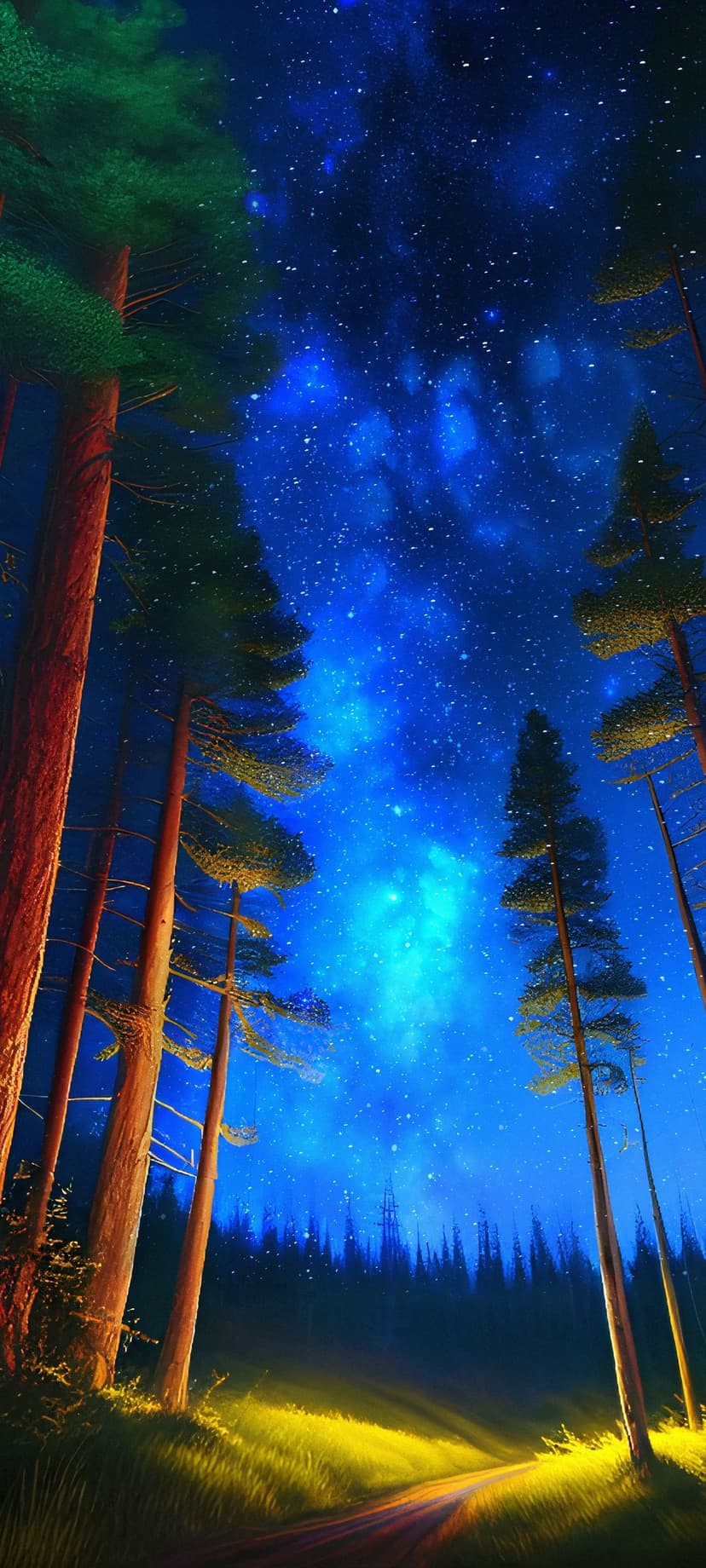 Winding forest path glowing with golden light under a vast blue starry sky filled with nebulae and pine trees.