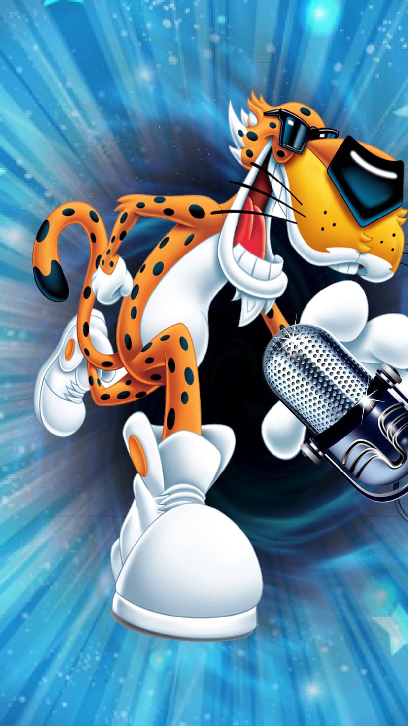 Chester Cheetah wearing sunglasses sings into a silver microphone surrounded by glowing blue light streaks.