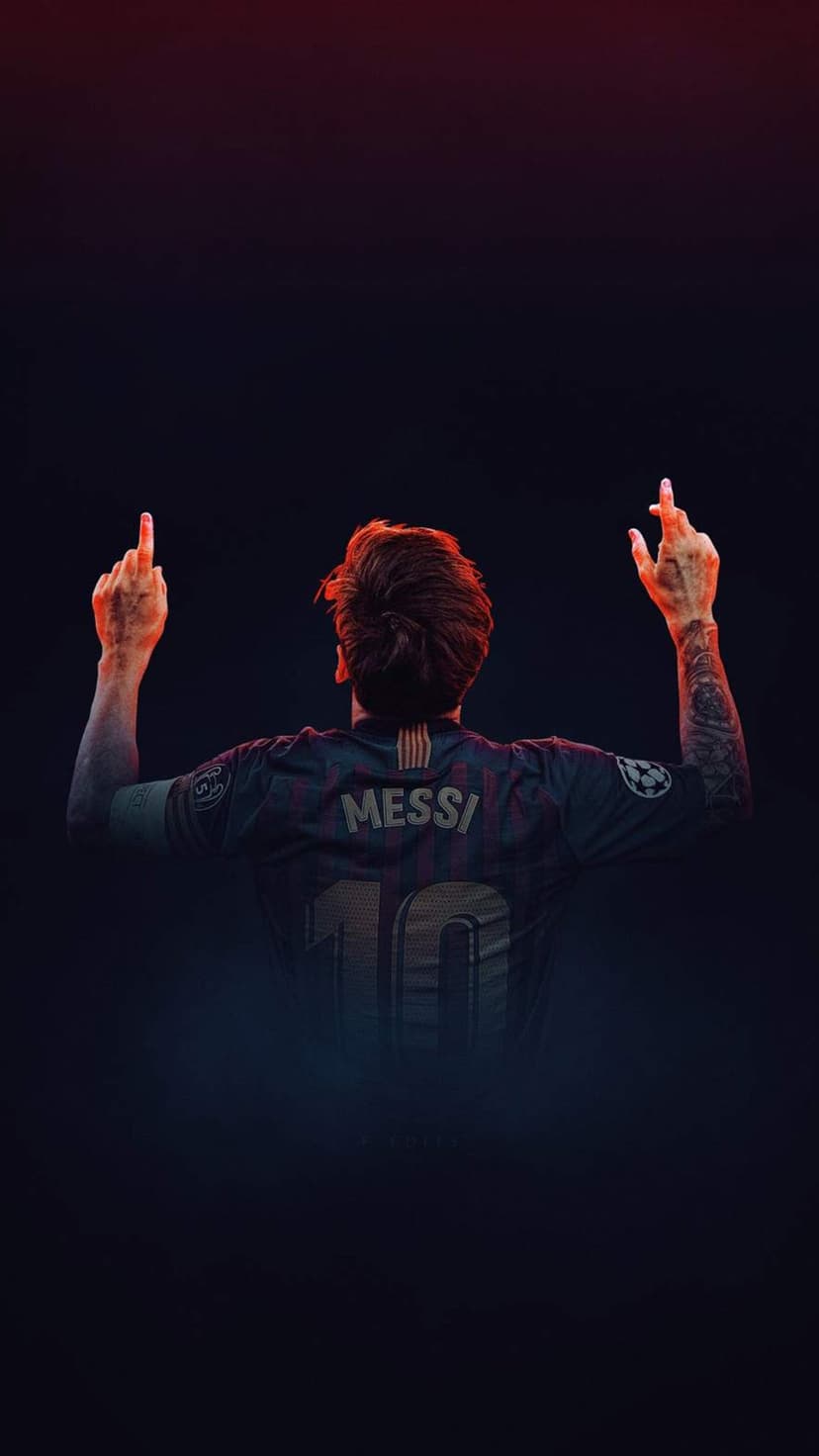 Lionel Messi from behind in a number ten jersey with arms raised against a dark background with red highlights.