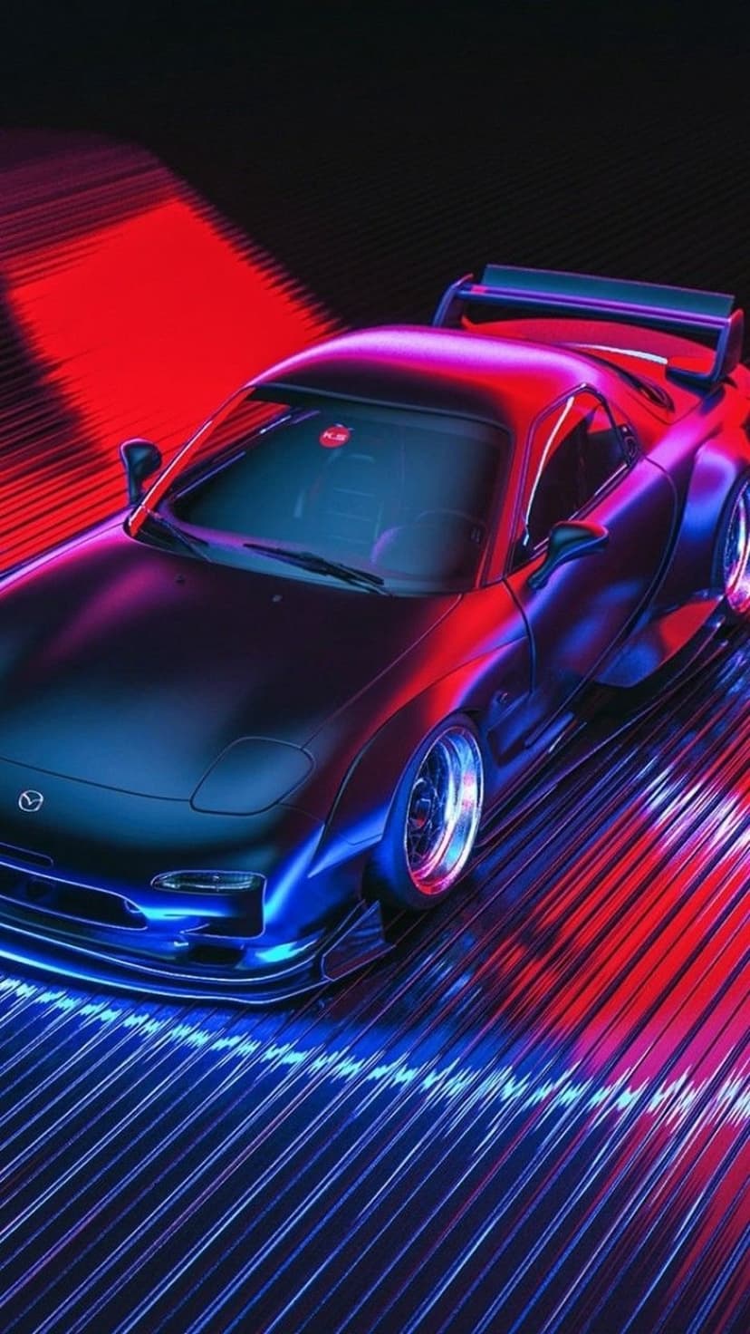 Mazda RX-7 sports car illuminated by vibrant neon red and electric blue lights on a dark reflective surface.