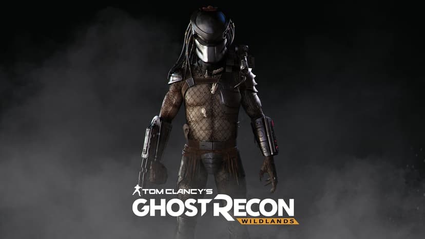 Predator hunter in silver armor stands amidst thick white smoke against a dark black background in landscape view.
