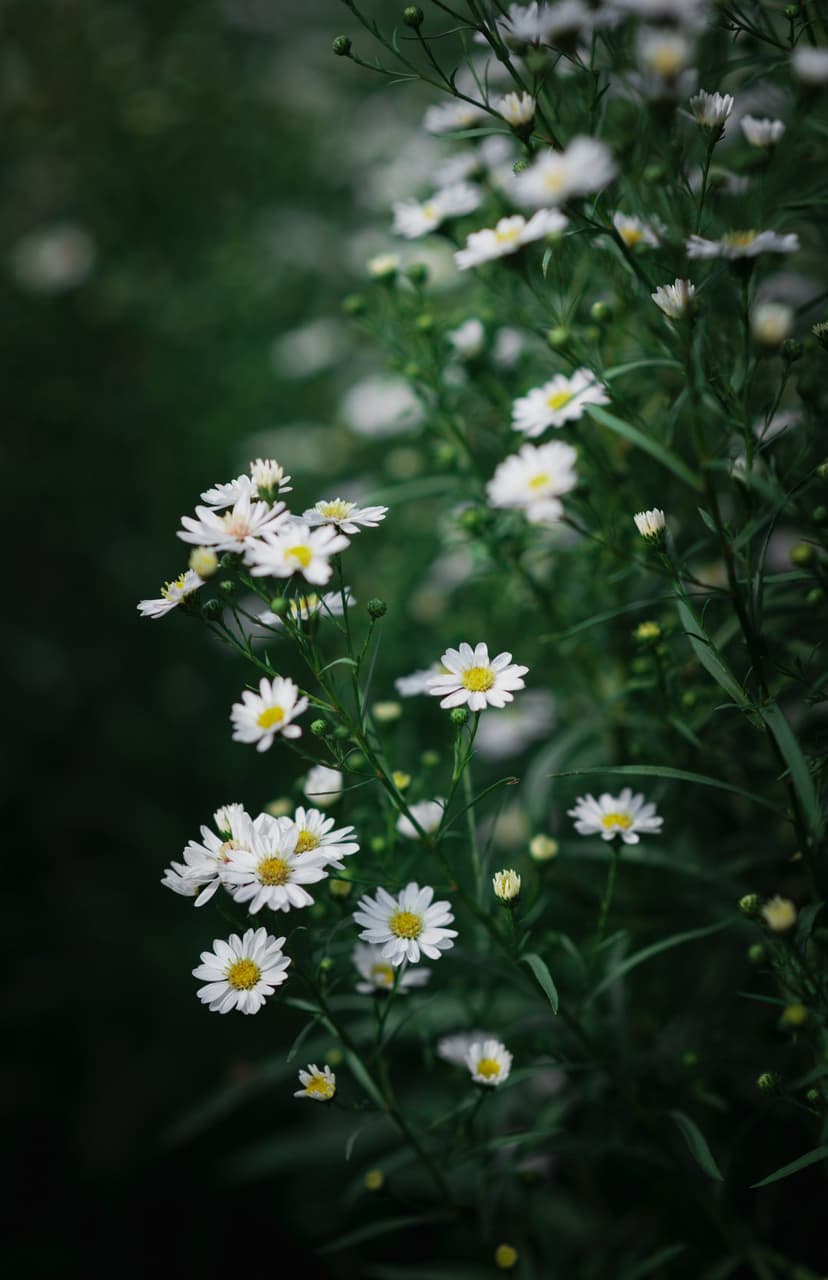 White daisies with yellow centers bloom on thin stems against a blurred dark green leafy background in close-up.