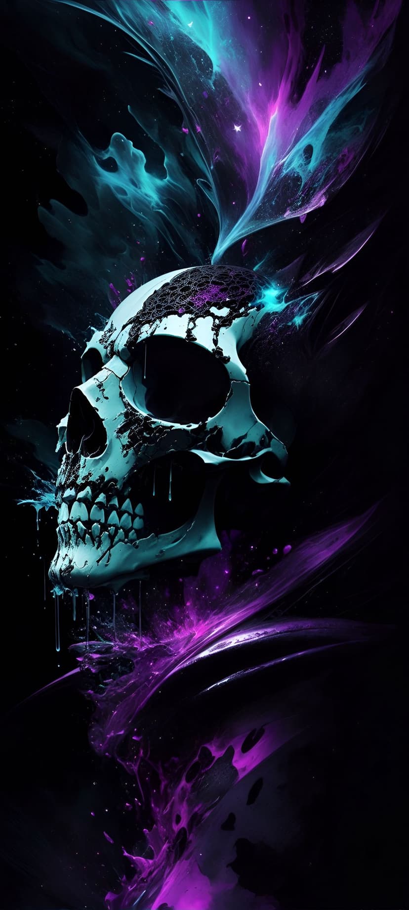 Turquoise skull melting into a swirling violet and teal nebula against a deep black cosmic background.