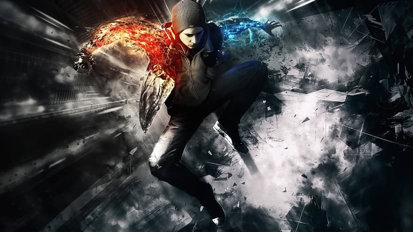 Delsin Rowe jumping with fire and blue neon energy on his arms amidst monochromatic shattered city fragments.