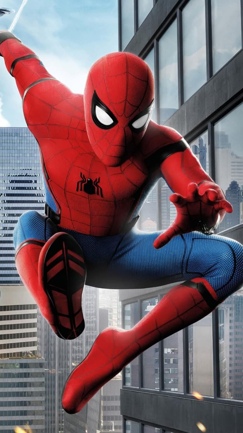 Spider-Man arches mid-air between tall city buildings with sunlight reflecting off his detailed superhero suit.