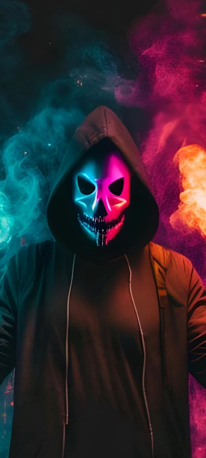 Figure in a black hoodie wearing a glowing pink and blue skull mask amidst vibrant orange and cyan smoke clouds.