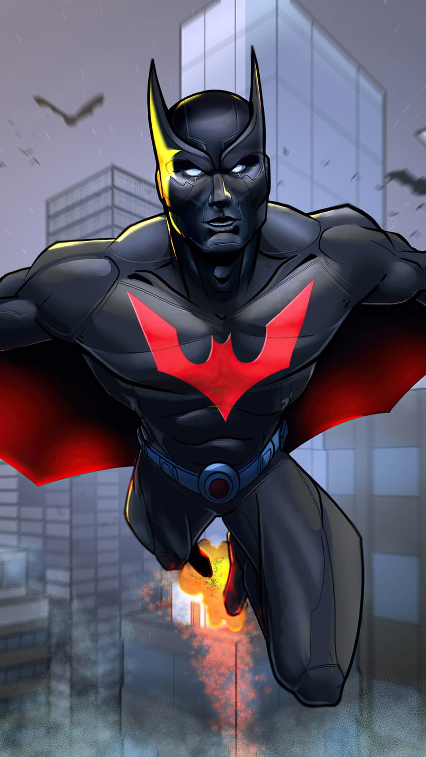 Batman Beyond in a black and red suit flies over a futuristic city with jet flames erupting from his boots.