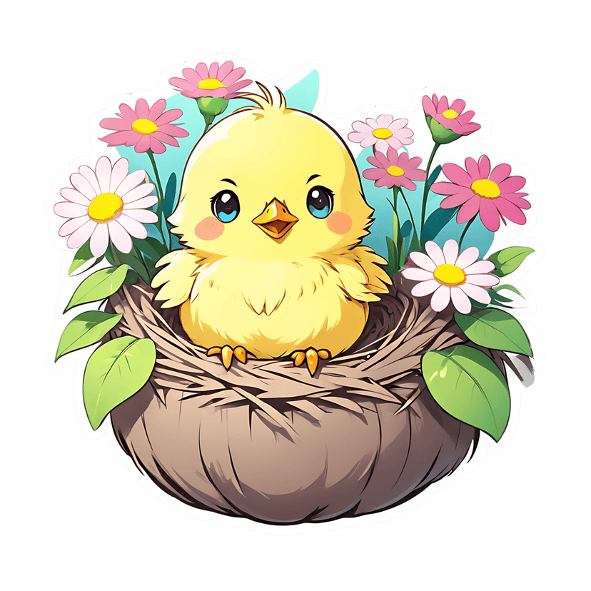 Yellow chick sitting in a woven nest surrounded by pink daisy flowers and green leaves on a light blue background.