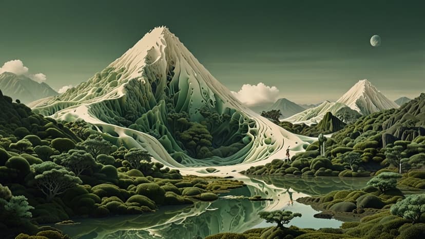 A lone person stands beside a reflective lake beneath jagged snowy peaks and a glowing crescent moon.