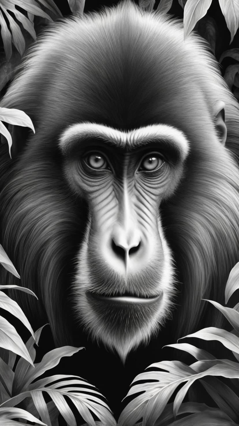 Baboon with detailed facial wrinkles and intense eyes stares through large jungle leaves in black and white.