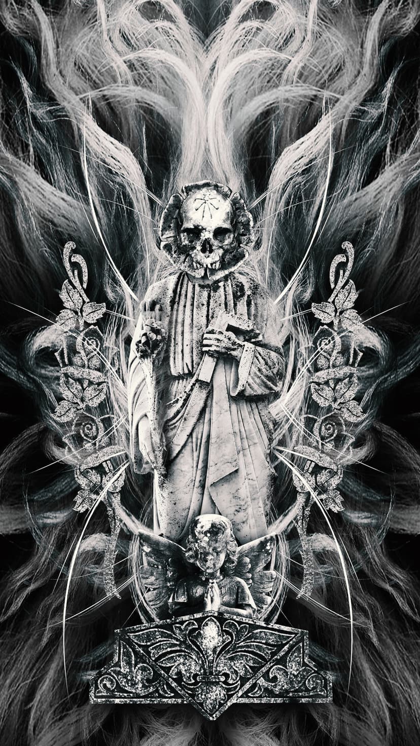 Skull statue wearing robes and holding a cross, flanked by ornate wings and a small kneeling cherub at the base.