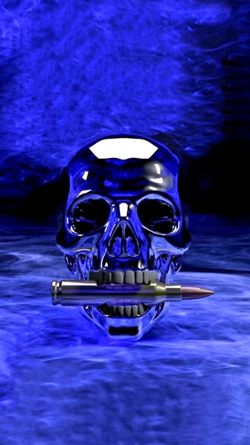 Blue metallic skull biting a silver bullet surrounded by glowing azure mist and swirling smoke highlights.