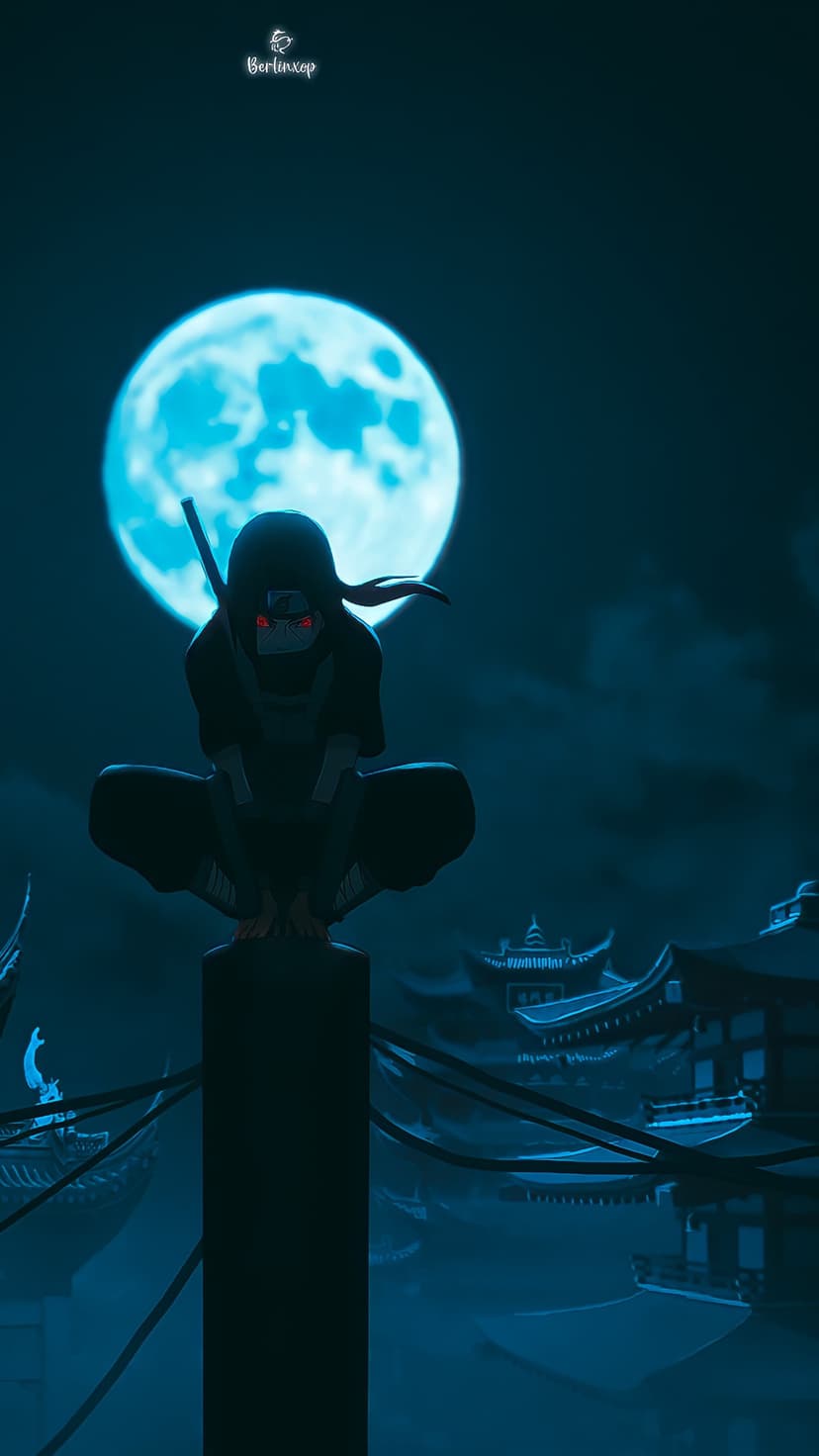Itachi Uchiha crouched in silhouette against a giant blue moon with glowing red eyes over a dark village skyline.