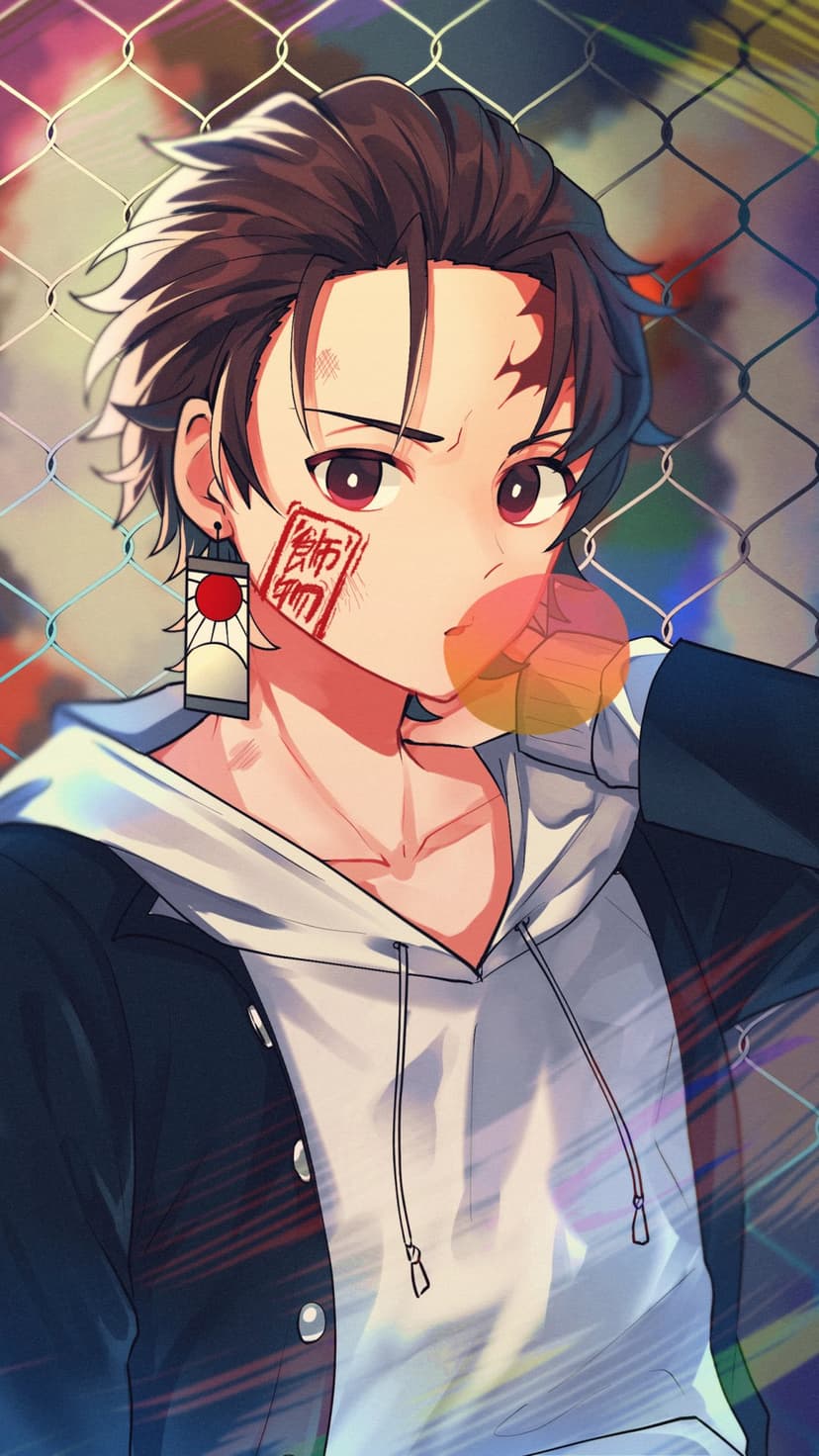 Tanjiro Kamado wears a hoodie and Hanafuda earrings while blowing bubblegum against a chain-link fence.