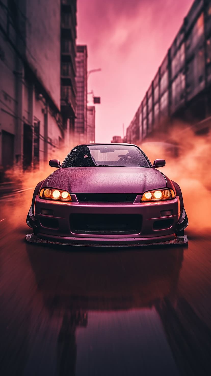 Pink sports car drifting on a wet asphalt road with orange smoke clouds and a twilight city skyline background.