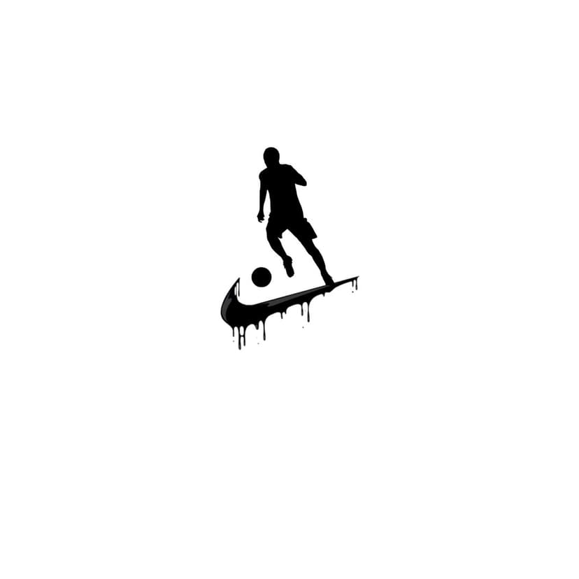 Soccer player silhouette dribbling a ball over a dripping brand swoosh logo against a plain light background.