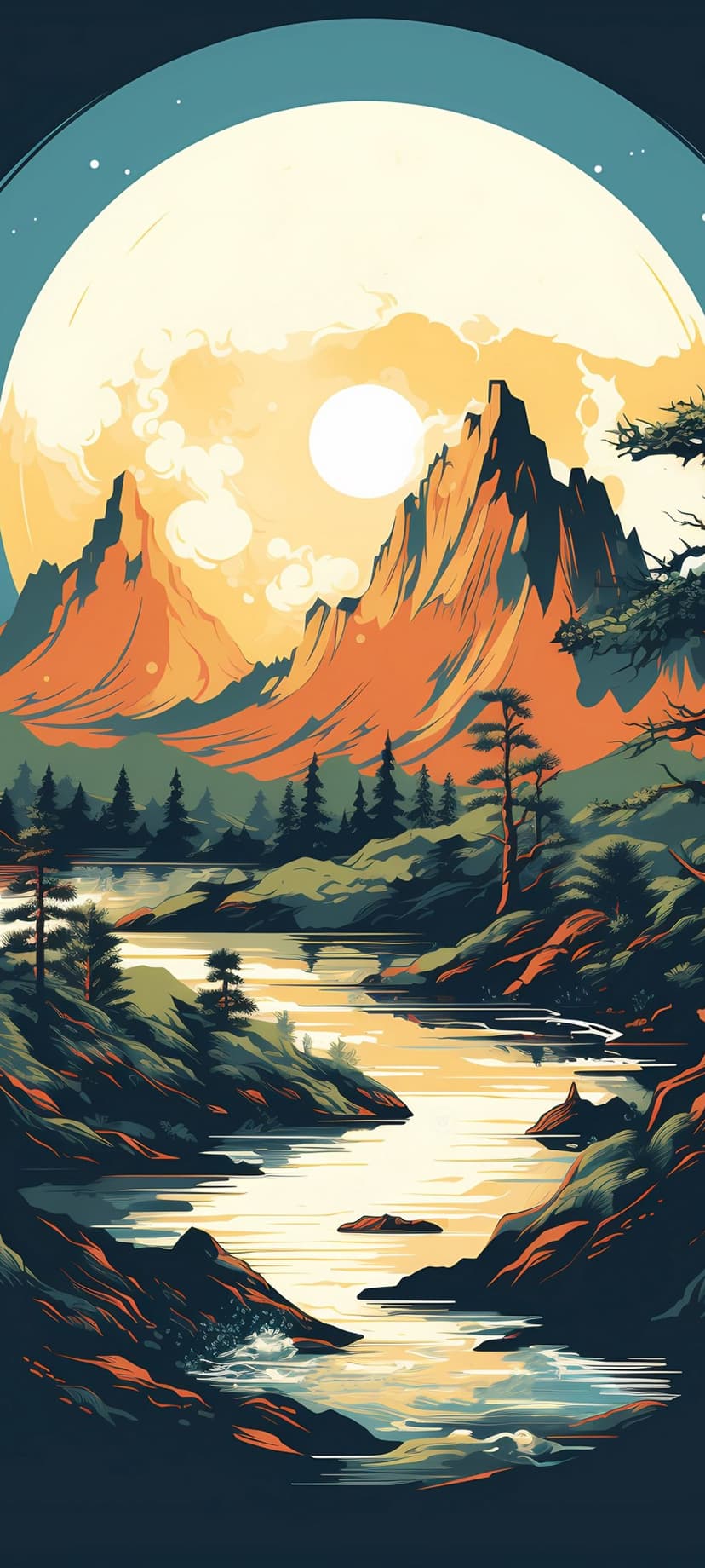 Jagged orange mountains rise above a calm lake reflecting a giant golden sun and soft clouds at sunset.