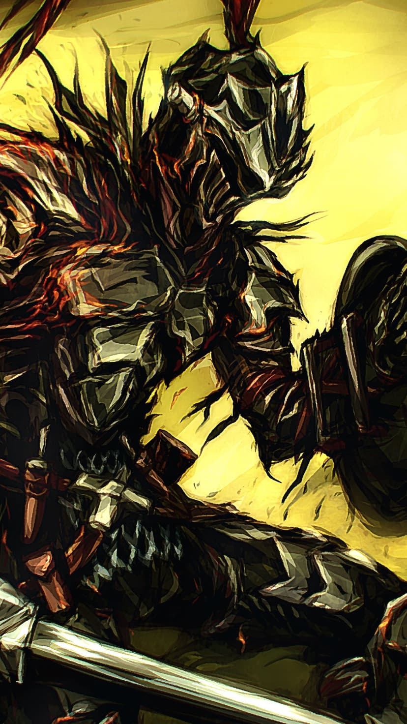 Heavily armored knight in charred black plate holding a shield and sword against a hazy golden-yellow background.