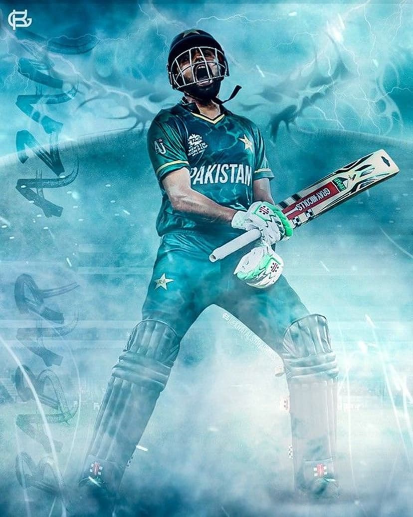 Cricket player in green pads and helmet holding a bat amidst swirling blue clouds and bright lightning bolts.
