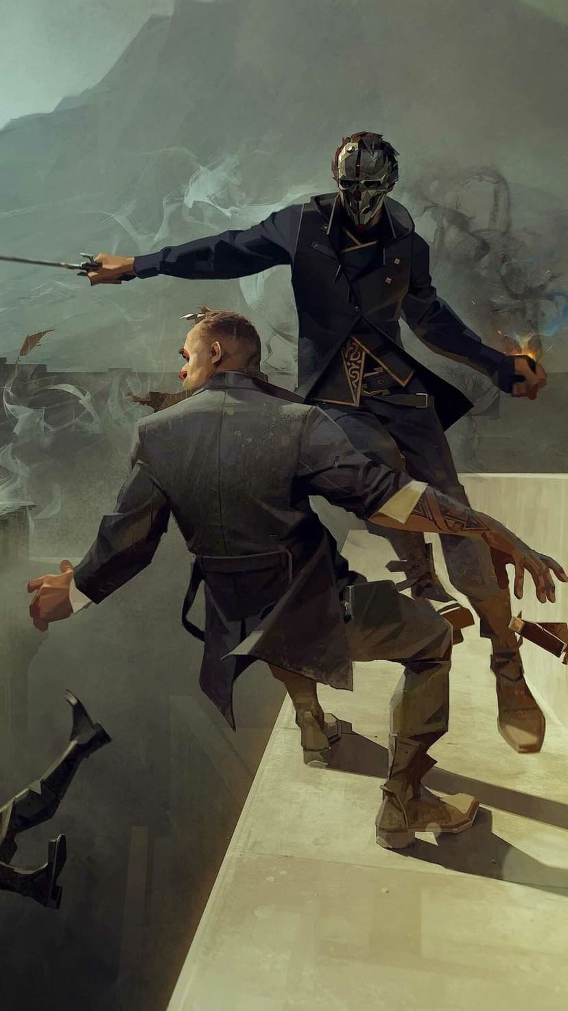 Masked assassin jumping towards a man on a high ledge with a smoky city background in painterly style.
